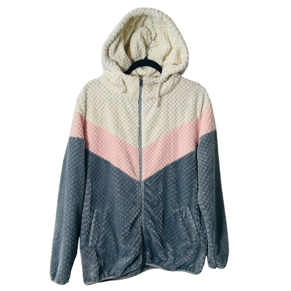 Prissy Jane Womens Fleece Soft Cozy Comfortable Pink Gray Full Zip‎ Jacket XL